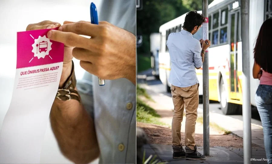 Os adesivos "Que Ônibus Passa Aqui?" consistia em colar adesivos com a pergunta e espaço para a resposta em pontos de ônibus.