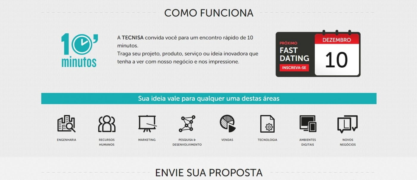 Em três anos, o Fast Dating Tecnisa recebeu 1 052 pedidos de apresentação de projeto, topou assistir a 356 pitches e fechou 36 negócios. E aí, interessou?