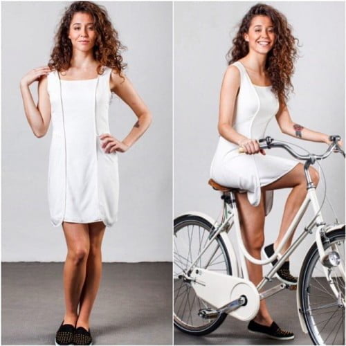 Vestido pétala, da Velô: o tecido sobreposto se abre, permitindo o movimento das pernas na bicicleta.