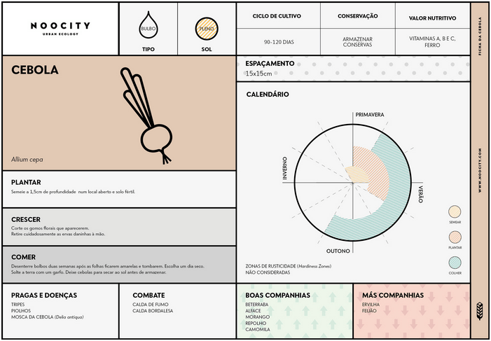 No site da Noocity há fichas, como esta, da Cebola, com dicas sobre o cultivo de alguns alimentos.