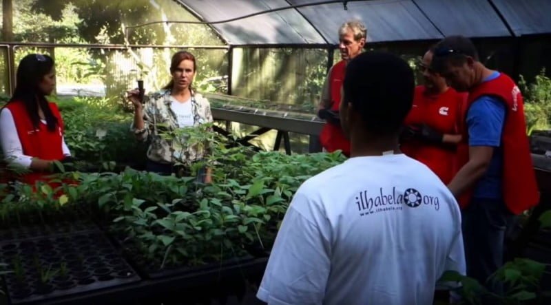 Gisela (ao fundo, segurando uma muda), fala a executivos do curso de cultivo de plantas, ministrado no viveiro da Viva Floresta.