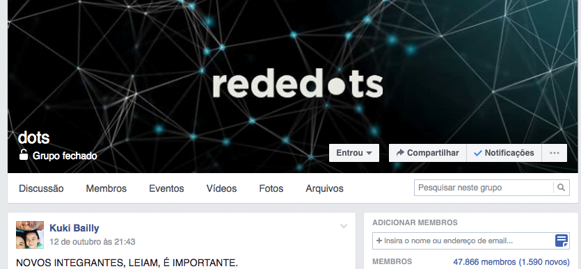 A rede dots é um grupo fechado no Facebook, com 47 mil integrantes e crescendo. Kuki está lá quase 24 horas por dia, moderando e garantindo que o propósito de cooperação mútua se mantenha.