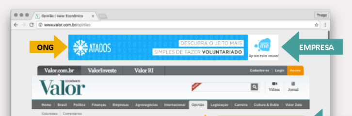 Trecho de uma apresentação da Calhau mostra como o banner das ONGs (como a Atados) com a assinatura das empresas parceiras aparece no site de veículo parceiro (aqui, o Valor Econômico). 