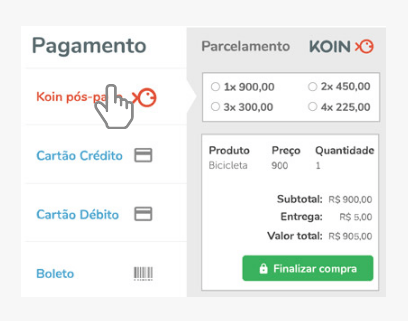 Nas lojas parceiras, o usuário opta por pagar com a Koin, e gerará um boleto apenas quando receber o produto.