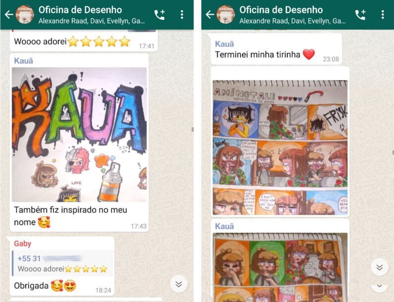 Dois prints de chat do aplicativo WhatsApp com conversas e ilustrações